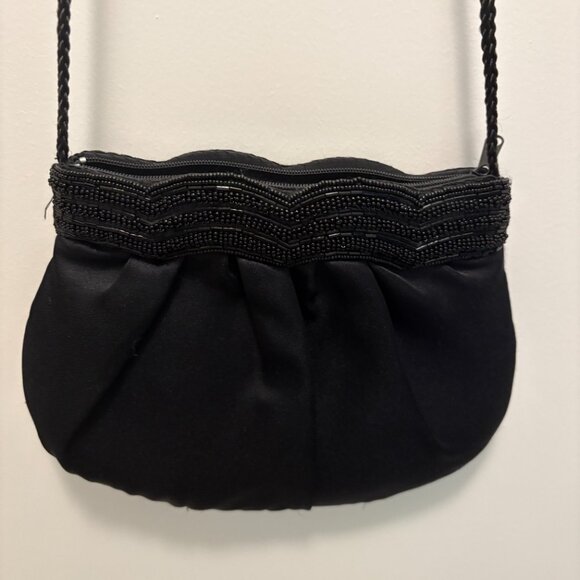 Vintage Almondo Black Evening Bag Beaded Trim Ruched Formal Clutch Purse EUC - Picture 6 of 8